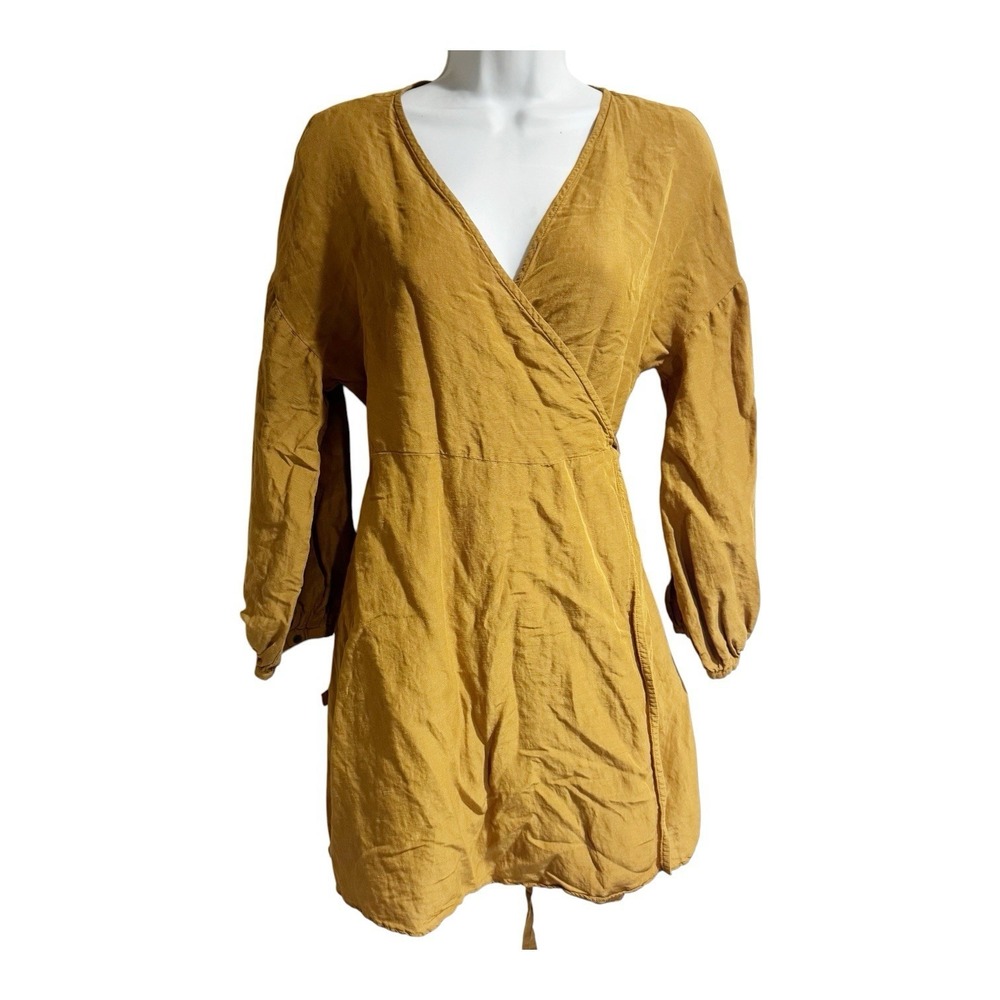 Madewell Linen-Blend Balloon-Sleeve Wrap Mini Dress size‎ Small Mustard Yellow